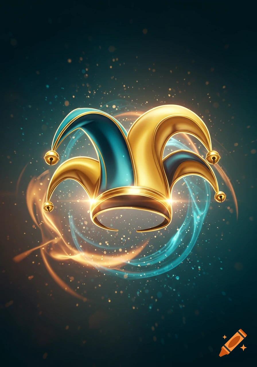 A golden and teal jester's hat with bells on the points, glowing brightly amidst swirling light trails and sparkling particles on a dark background.