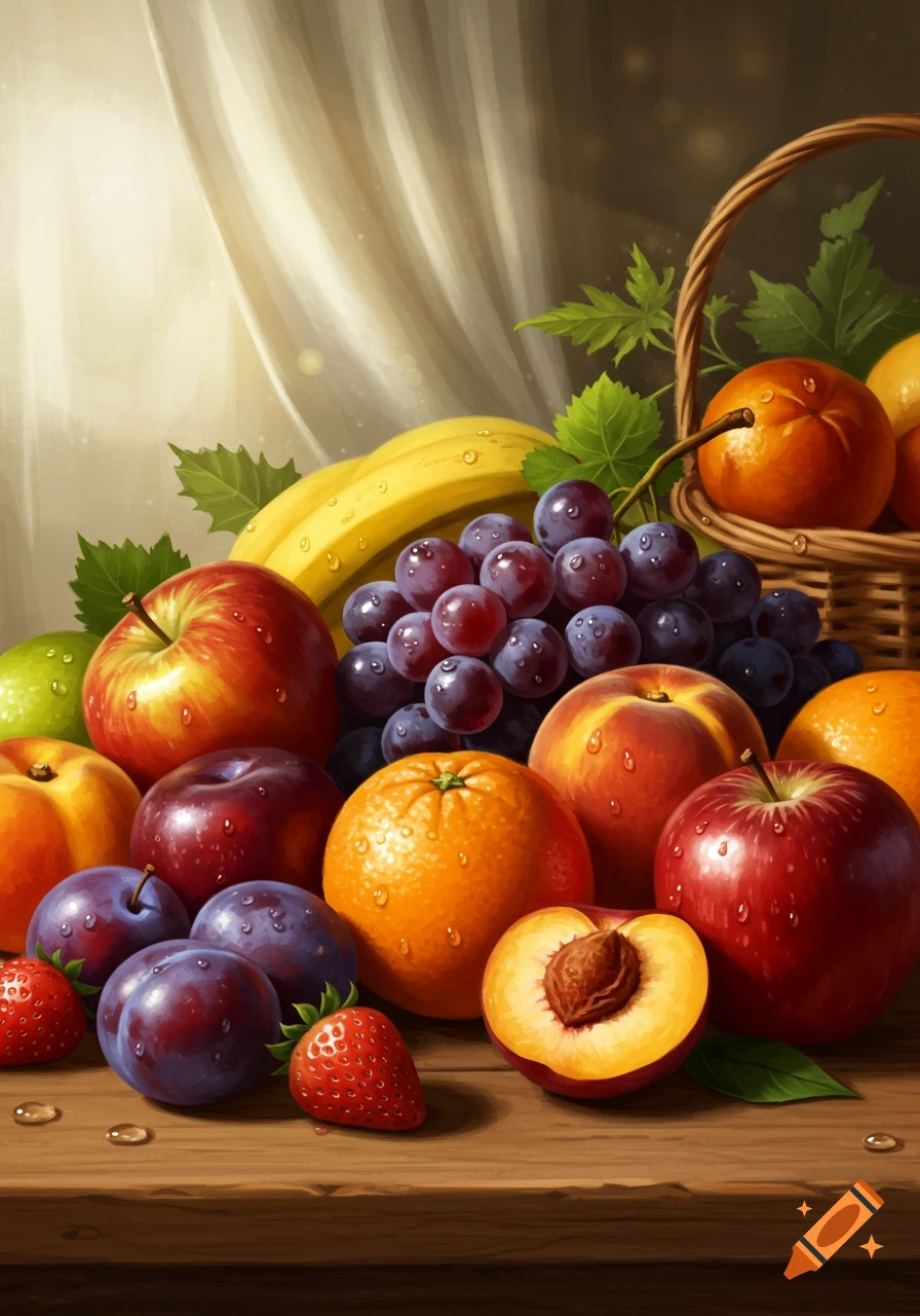 A still life of fresh fruits including apples, grapes, bananas, oranges, peaches, plums, and strawberries with water droplets on a wooden table.