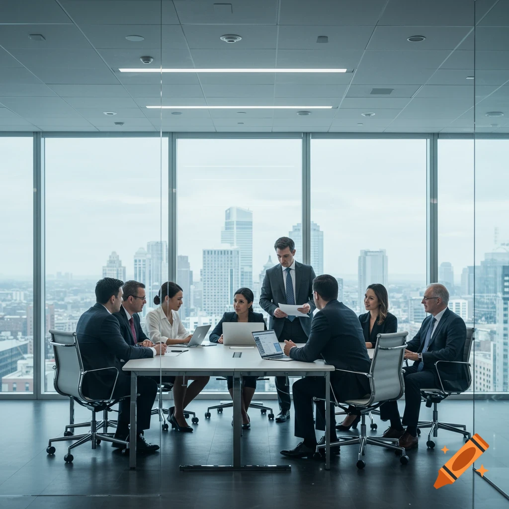 Business professionals in a modern conference room, one man presents documents to colleagues at a table overlooking a city skyline.