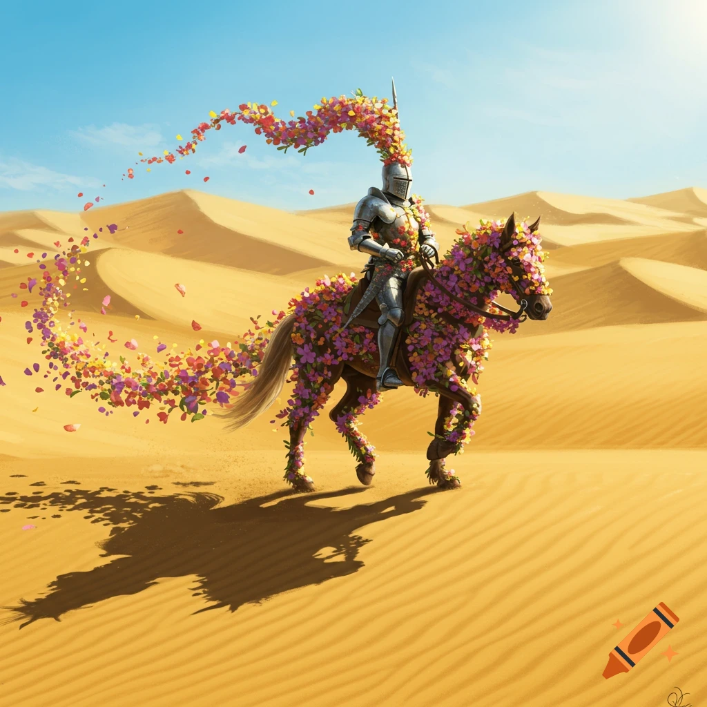 A knight in armor rides a horse covered in vibrant flowers through a sandy desert under a clear blue sky.