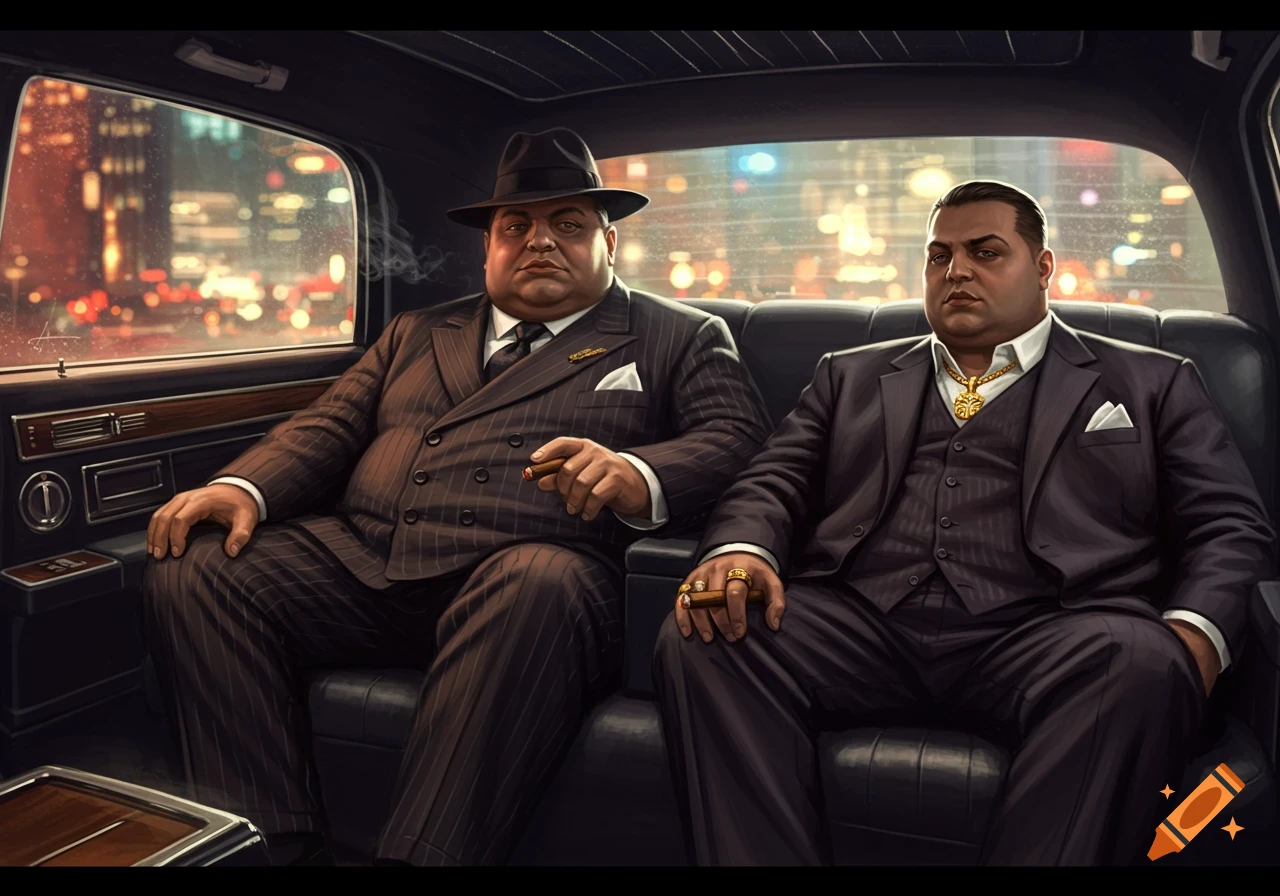 Two men, dressed as mob bosses in suits and hats, smoke cigars while riding in a limousine at night, with a city skyline visible outside.