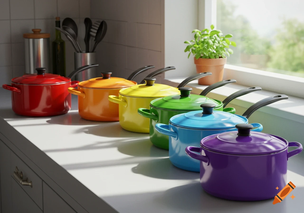 A row of six colorful pots in rainbow order (red, orange, yellow, green, blue, purple) on a kitchen counter near a window, with sunlight streaming in.