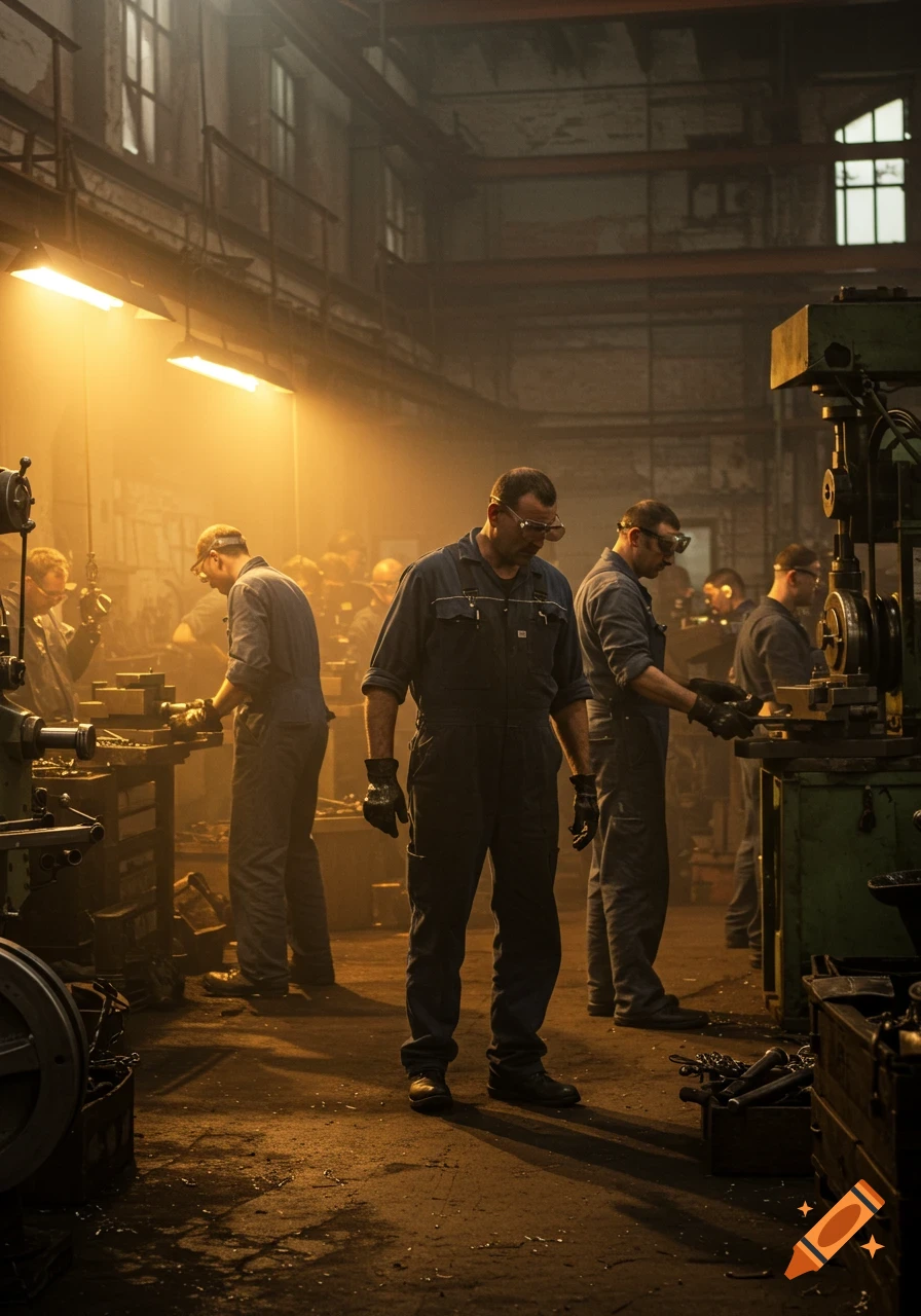 Workers in overalls and safety goggles operate machinery in a dimly lit, dusty factory with warm, atmospheric lighting.
