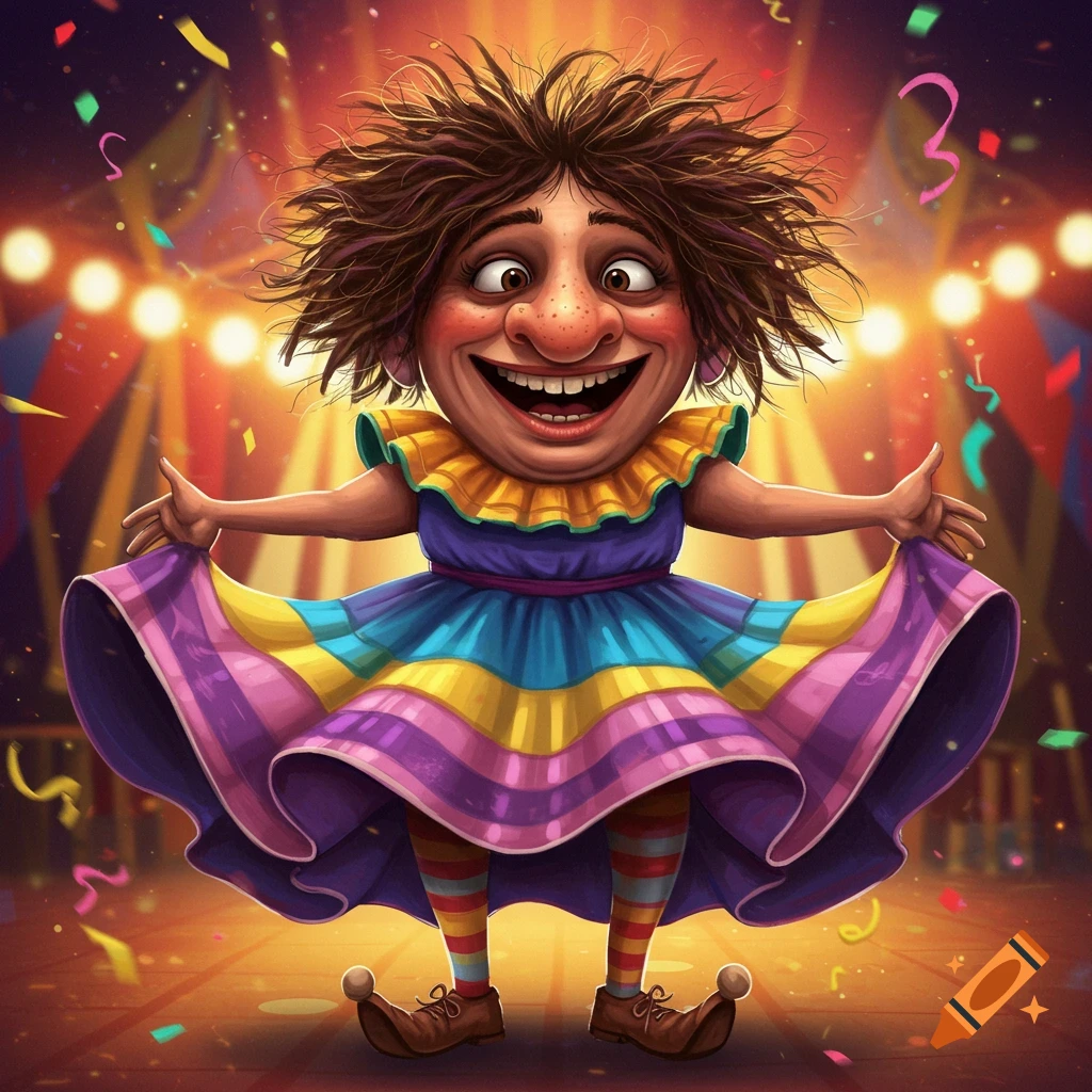 A wide-smiling, ugly cartoon character with a big nose and messy hair, wearing a colorful dress and striped socks, standing on a circus stage with confetti falling.