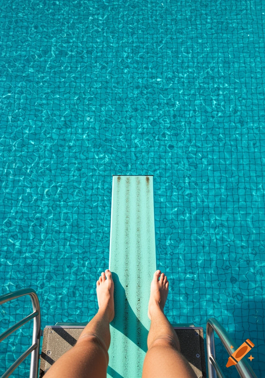 First-person view of legs and feet standing on a diving board, looking down at a clear blue tiled swimming pool.