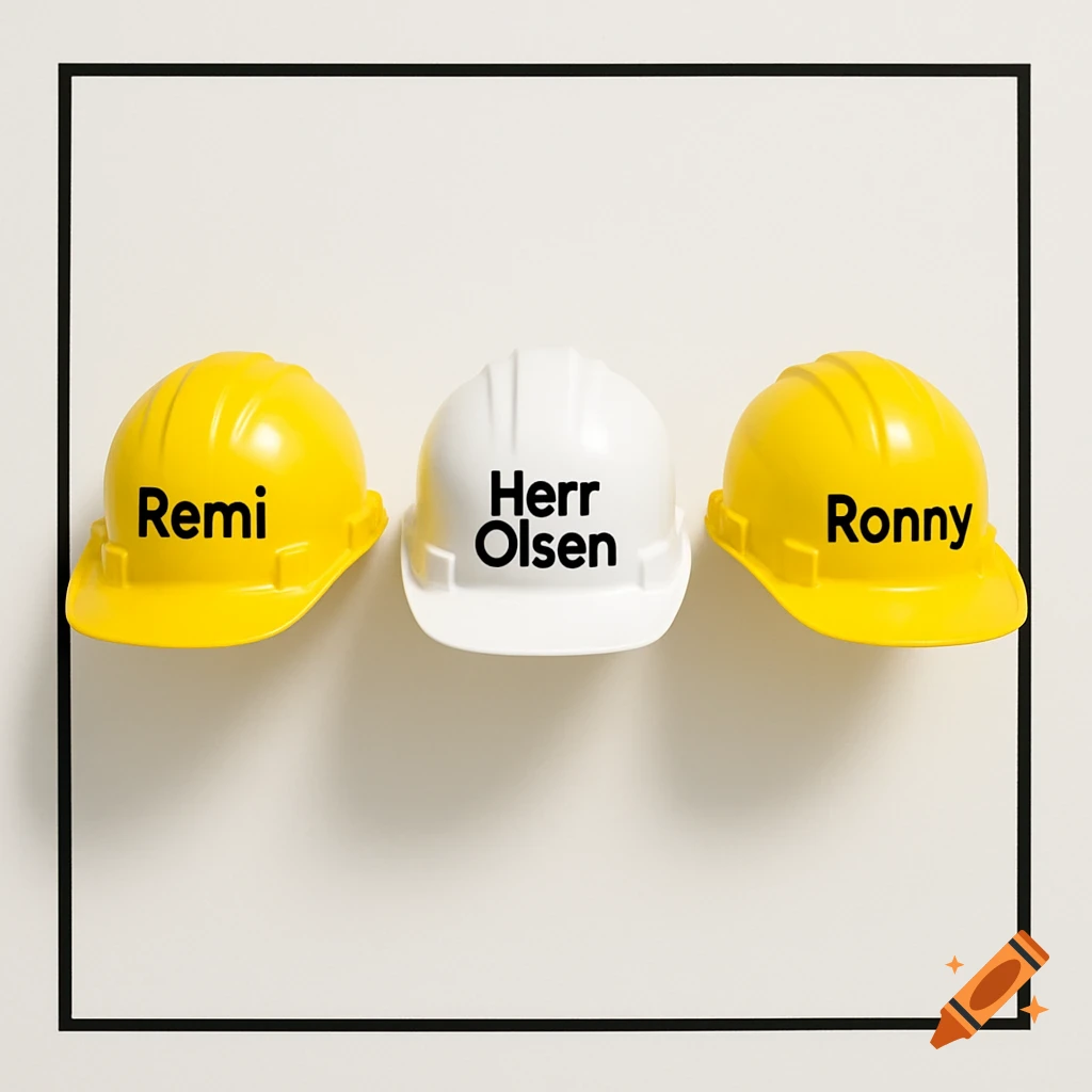 Three hard hats: two yellow with 'Remi' and 'Ronny', one white with 'Herr Olsen', on a white background with a black border.