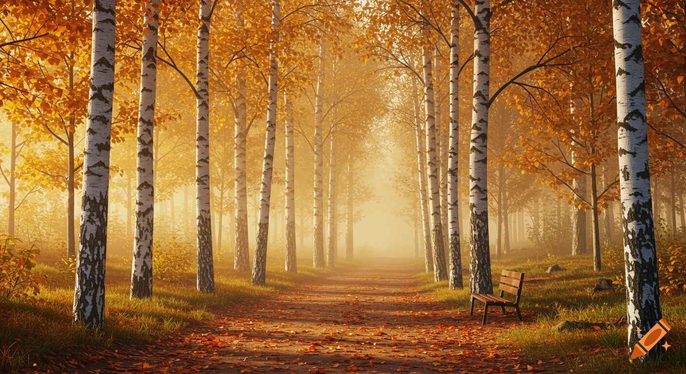 Serene autumn forest path lined with birch trees, golden light, misty ...