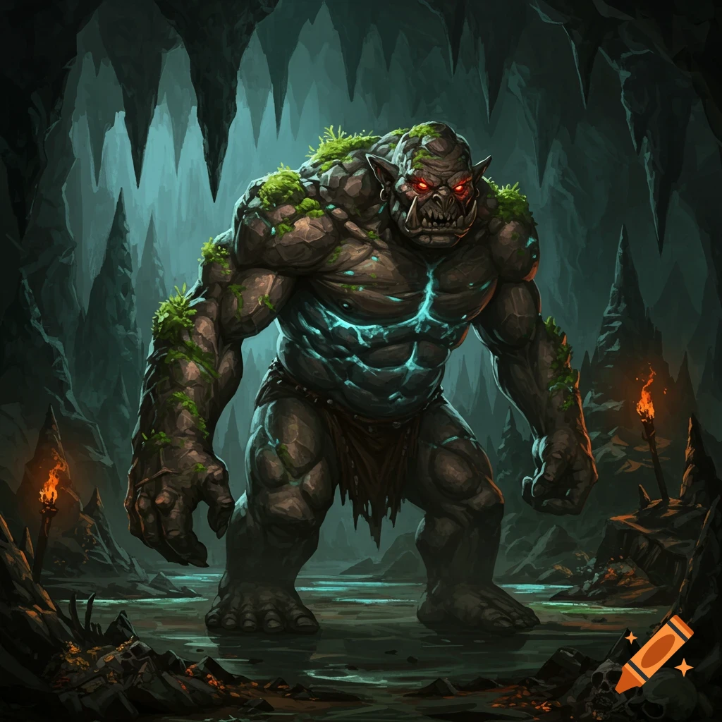A massive, moss-covered rock troll with glowing red eyes and blue chest stands in a dark, torch-lit cave.