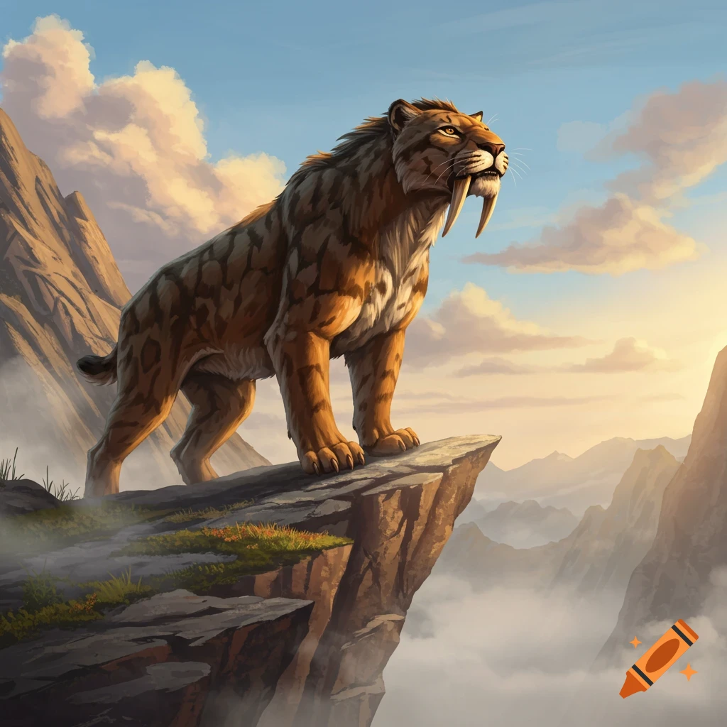 A saber-toothed cat stands majestically on a rocky mountain peak overlooking a misty valley at sunrise in an illustrative style.