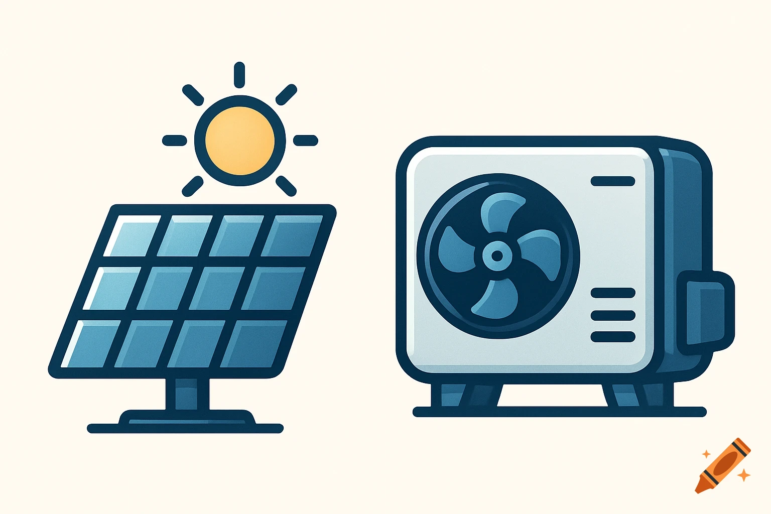 An illustration of a solar panel with a sun above it and an outdoor air conditioning unit with a fan.