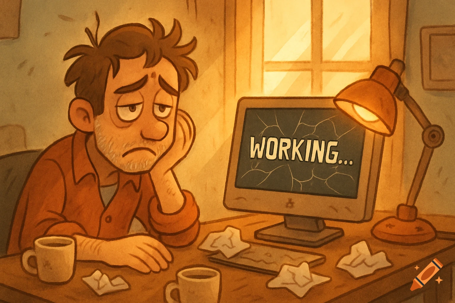 Cartoon of a tired, unshaven man looking at a cracked computer screen displaying 'WORKING...' on a desk with coffee cups and crumpled papers.