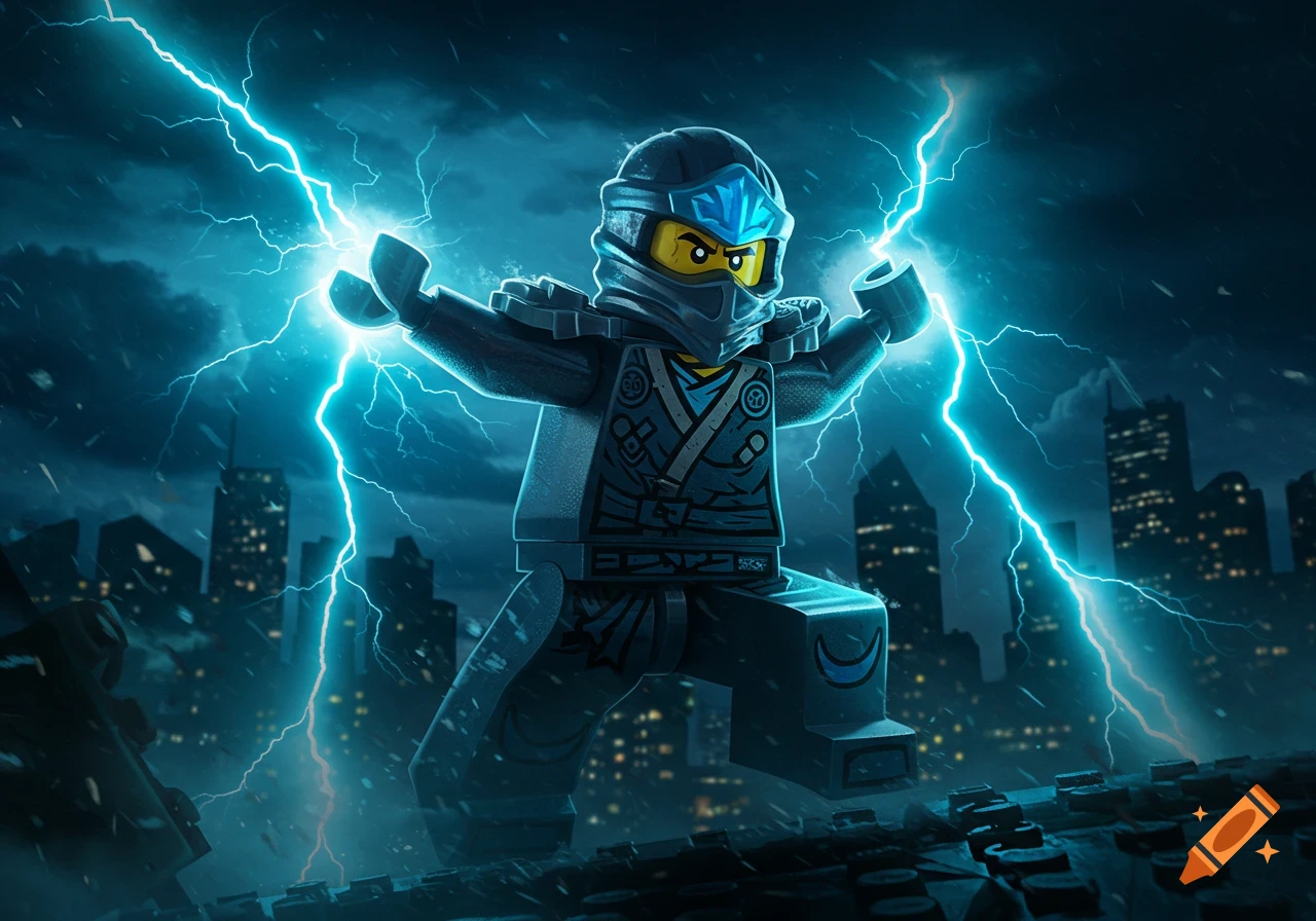 A Lego ninja in a dark, stormy city generates bright blue lightning from its hands.