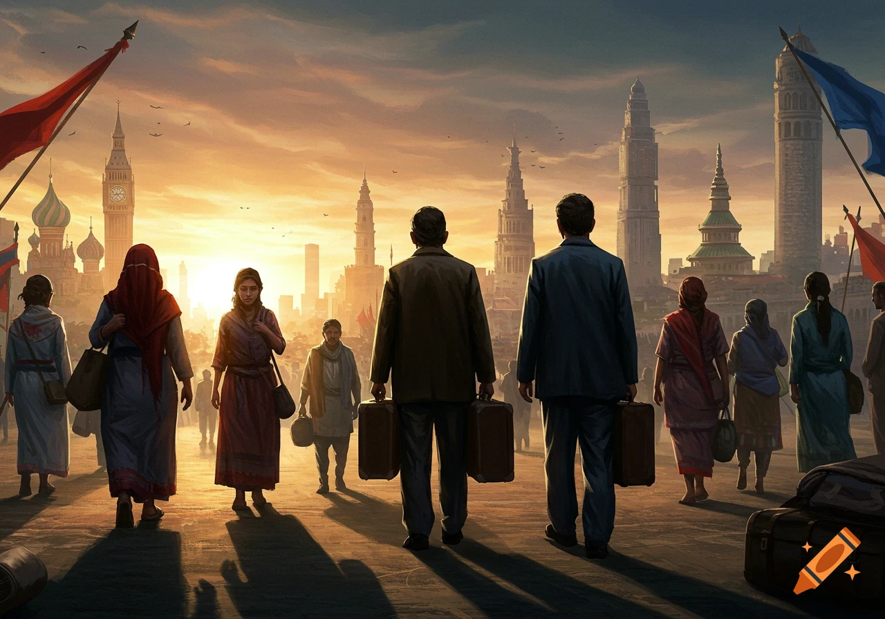 Diverse people carrying luggage walk towards a cityscape with various architectural styles under a dramatic sunset. Photorealistic.