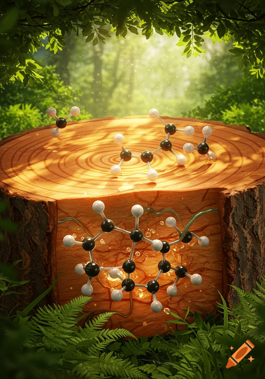 Molecular models of black and white spheres connected by bonds rest on and within a cross-section of a tree stump in a lush, sunlit forest.