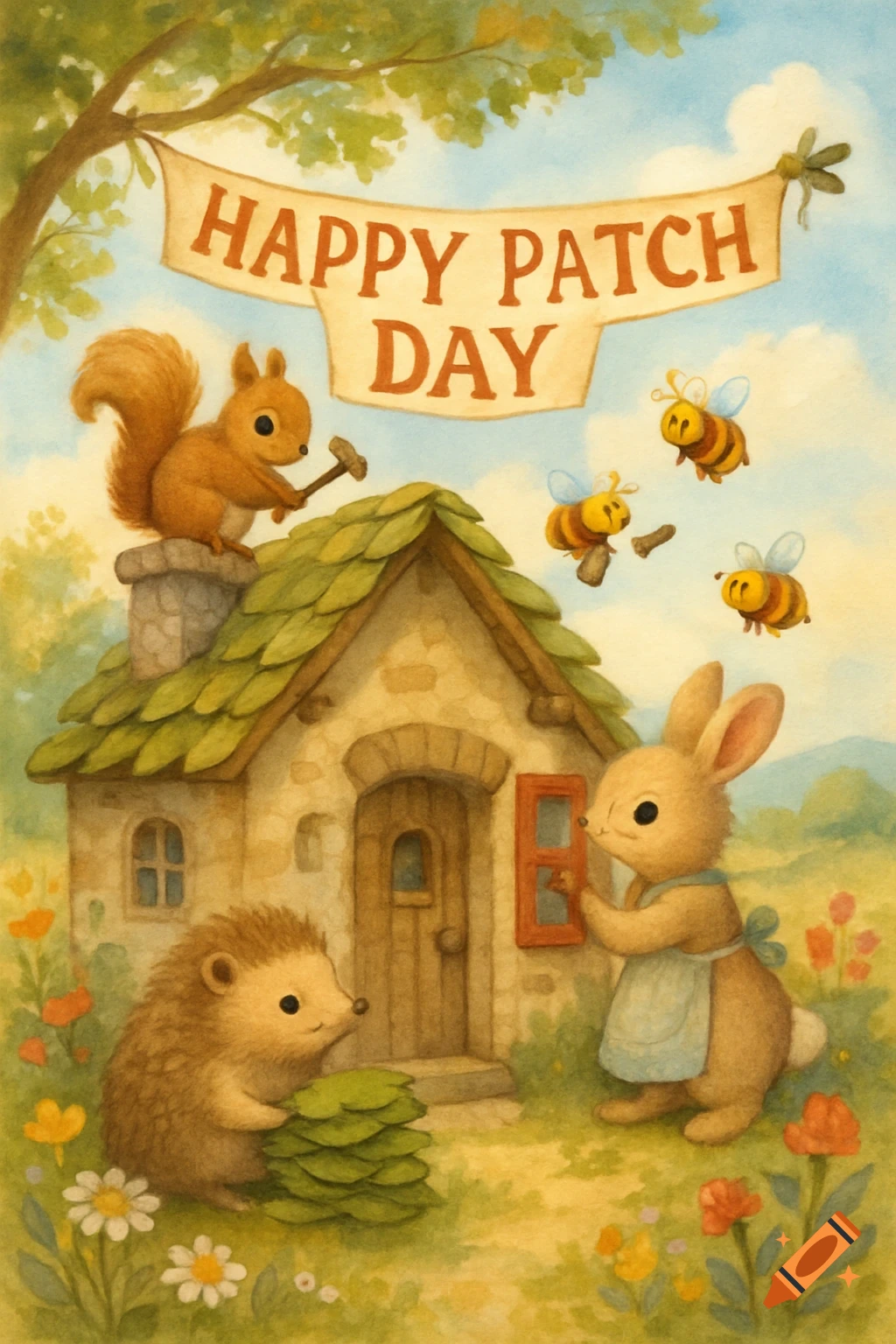 Watercolor illustration of a squirrel, hedgehog, rabbit, and bees fixing a whimsical house under a 'Happy Patch Day' banner.