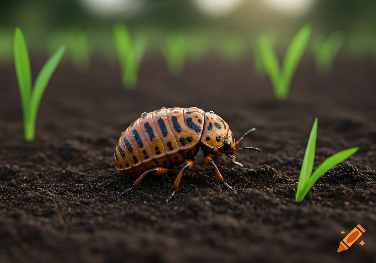 A close-up of a potato bug with water droplets on its back, crawling on dark soil among green sprouts.