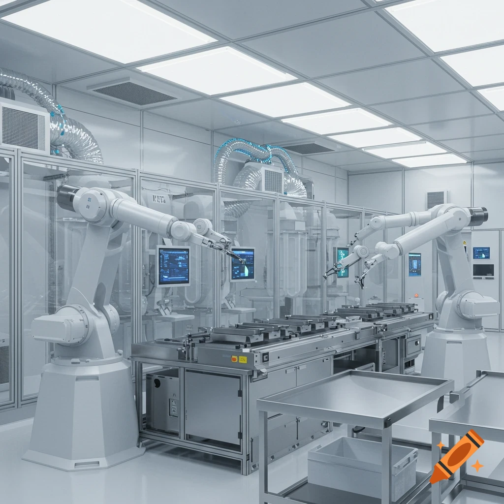 Photorealistic image of robotic arms working on a production line in a sterile cleanroom environment.