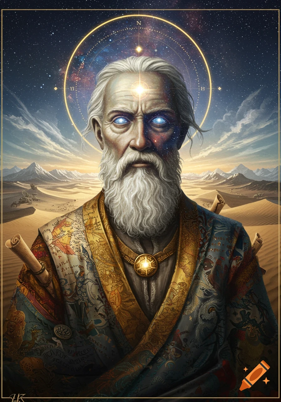 A mystical old man with a long white beard, glowing blue eyes, and one side of his face showing a cosmic nebula. He wears an ornate, map-patterned robe and stands in a desert under a starry sky with a golden compass-like halo above his head.