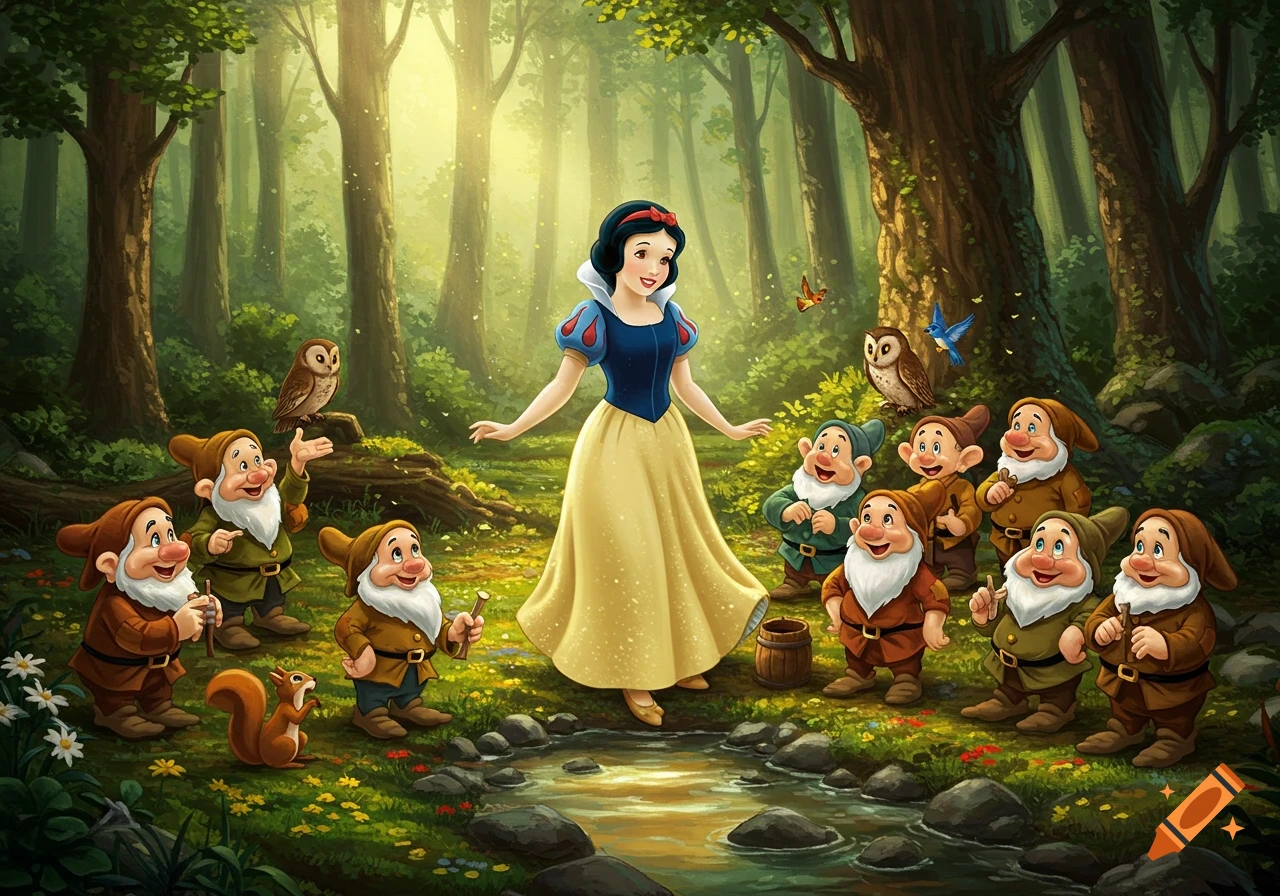 Snow White in a forest, surrounded by the Seven Dwarfs, two owls, a squirrel, and two birds near a stream.