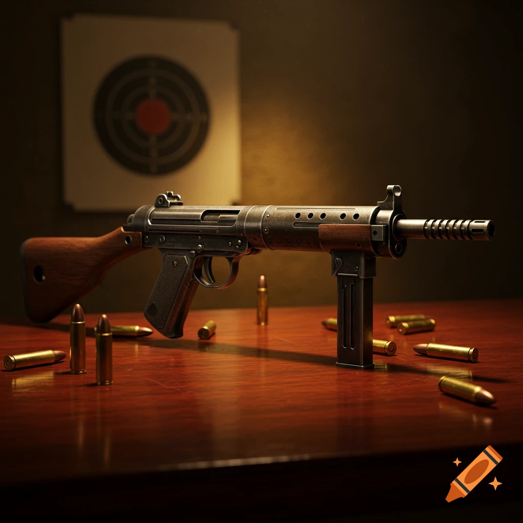 Photorealistic close-up of a submachine gun and scattered bullets on a wooden table, with a target in the background.