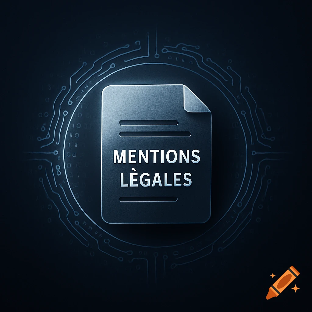 Digital icon of a document with 'MENTIONS LÈGALES' on a dark, circuit-patterned background.