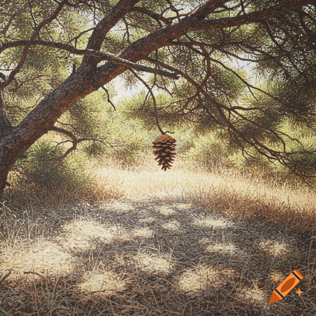 A single pine cone hangs from a branch of a pine tree above dry underbrush, rendered in a detailed pointillist style.