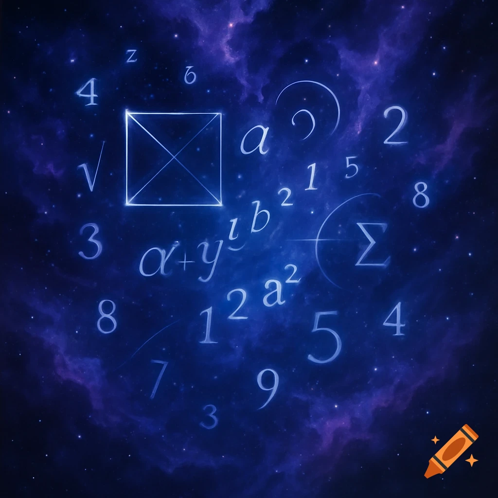 Glowing mathematical symbols and numbers, including 'alpha+y', 'a^2', and 'sigma', against a dark blue and purple cosmic background with stars.