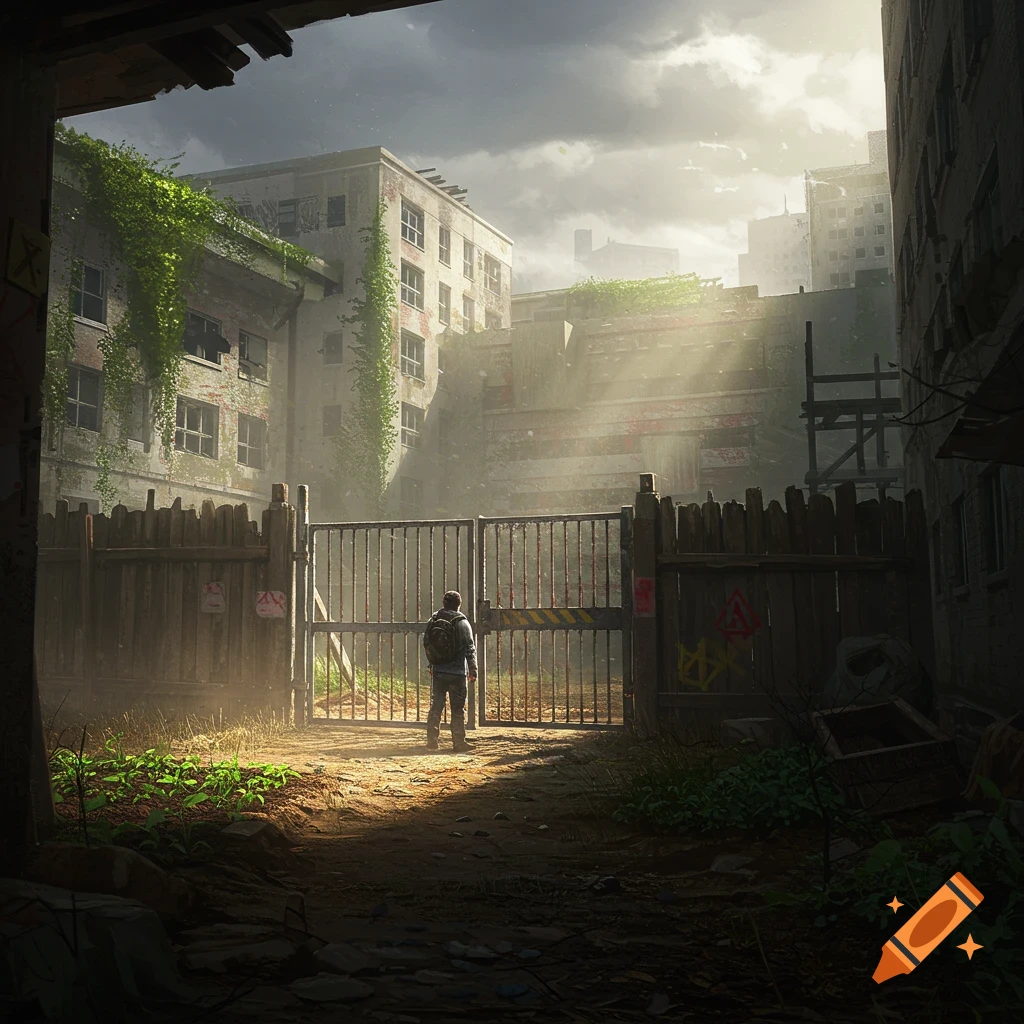 A person with a backpack stands before a large metal gate in an overgrown, decaying post-apocalyptic city under a dramatic sky, photorealistic.
