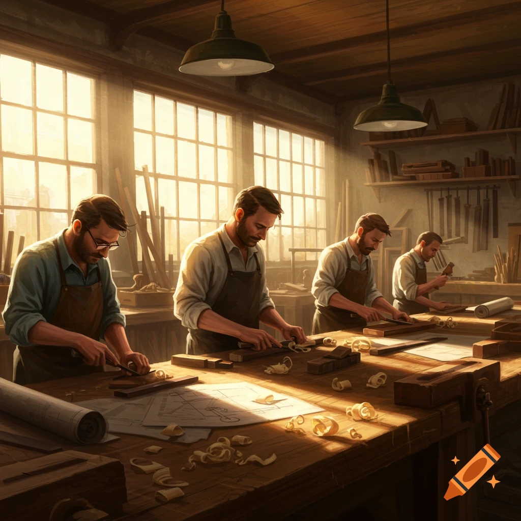 Four craftsmen work on wood at sunlit workbenches in a traditional workshop, creating wood shavings. Realistic style.