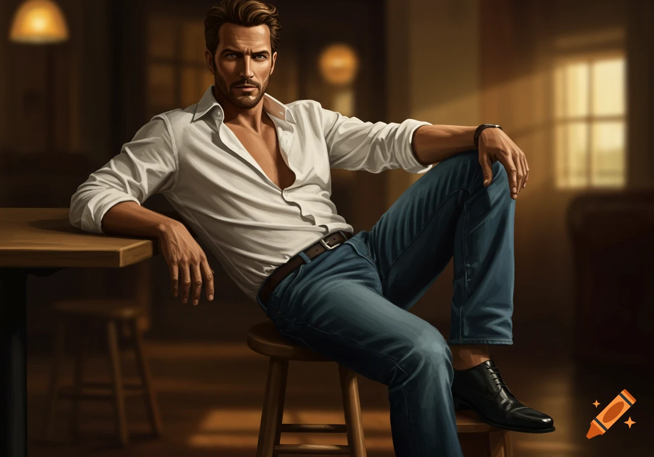 A stylish man with a beard and an unbuttoned white shirt sits casually on a stool at a table in a warm, dimly lit room.