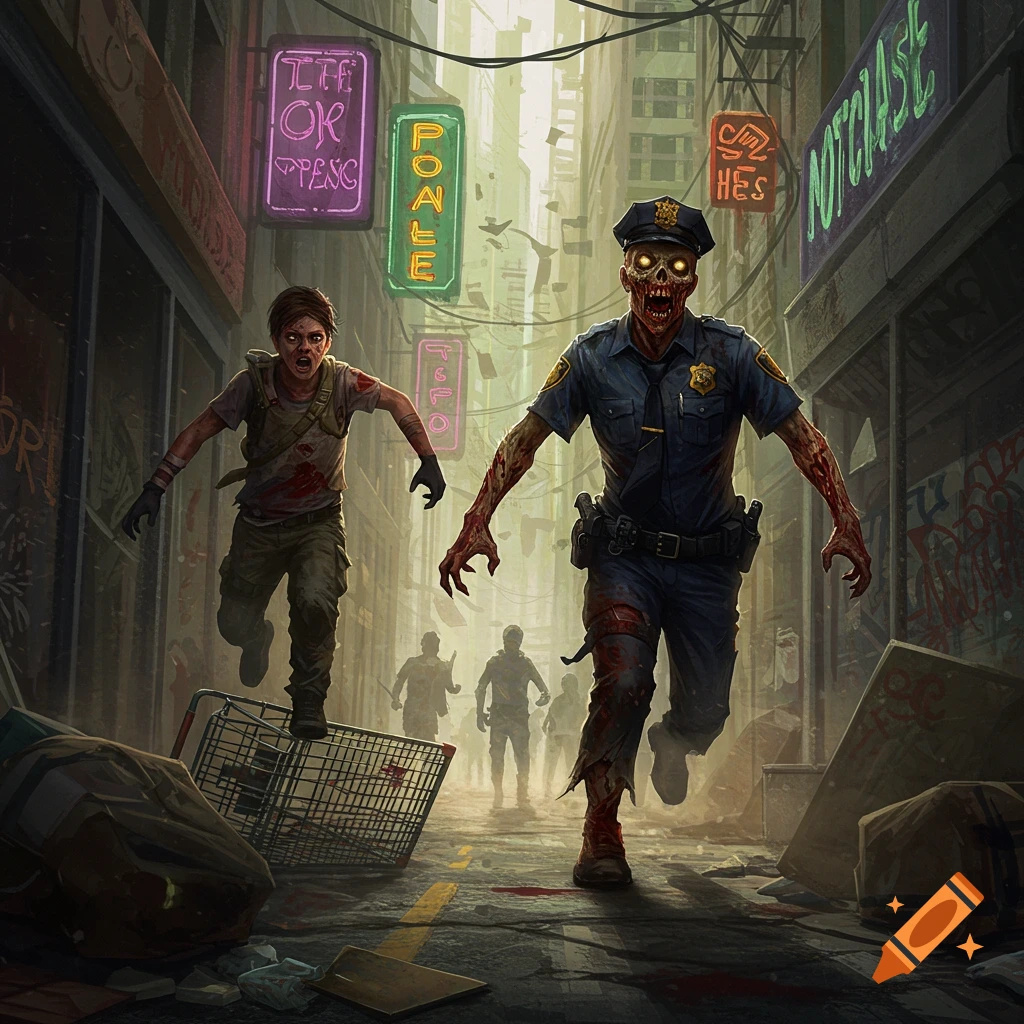 A zombie police officer and a human survivor run towards the viewer on a dark, trash-strewn city street with neon signs and other zombie figures. Stylized illustration.