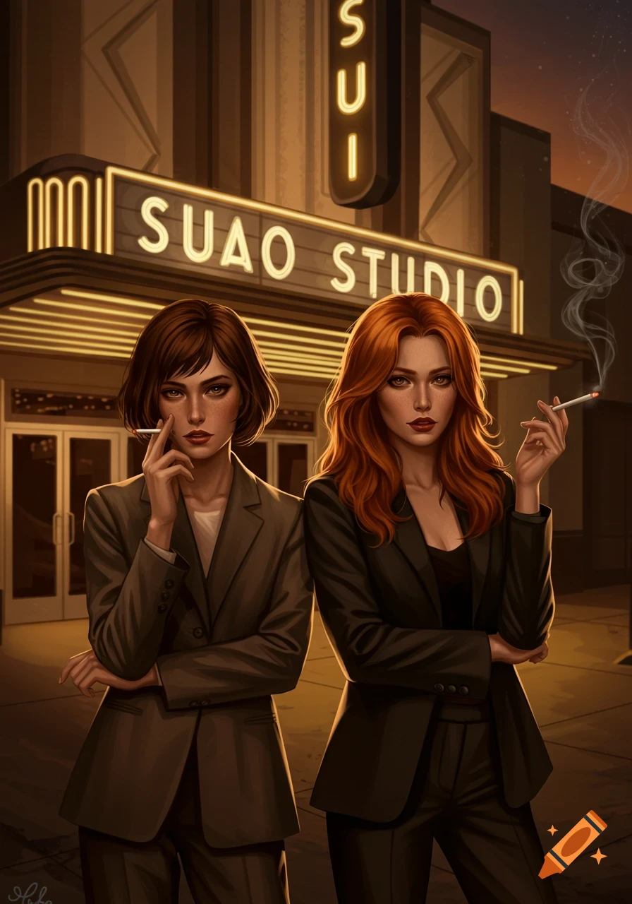 Two women in suits smoking cigarettes outside a neon-lit film studio at dusk, in a digital art style.