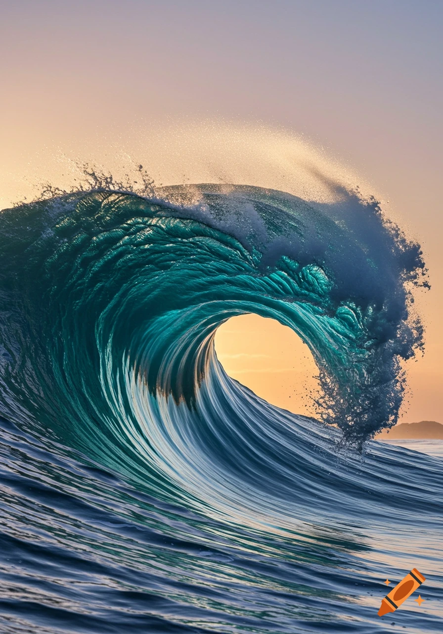 A large, turquoise ocean wave curls against a warm, orange-pink sunset sky, with water spraying from its crest.