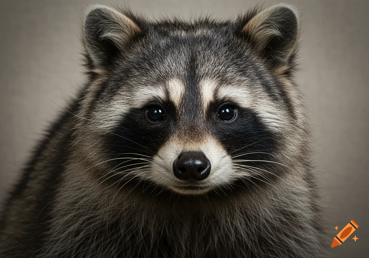 Close-up photorealistic portrait of a raccoon looking directly at the viewer.