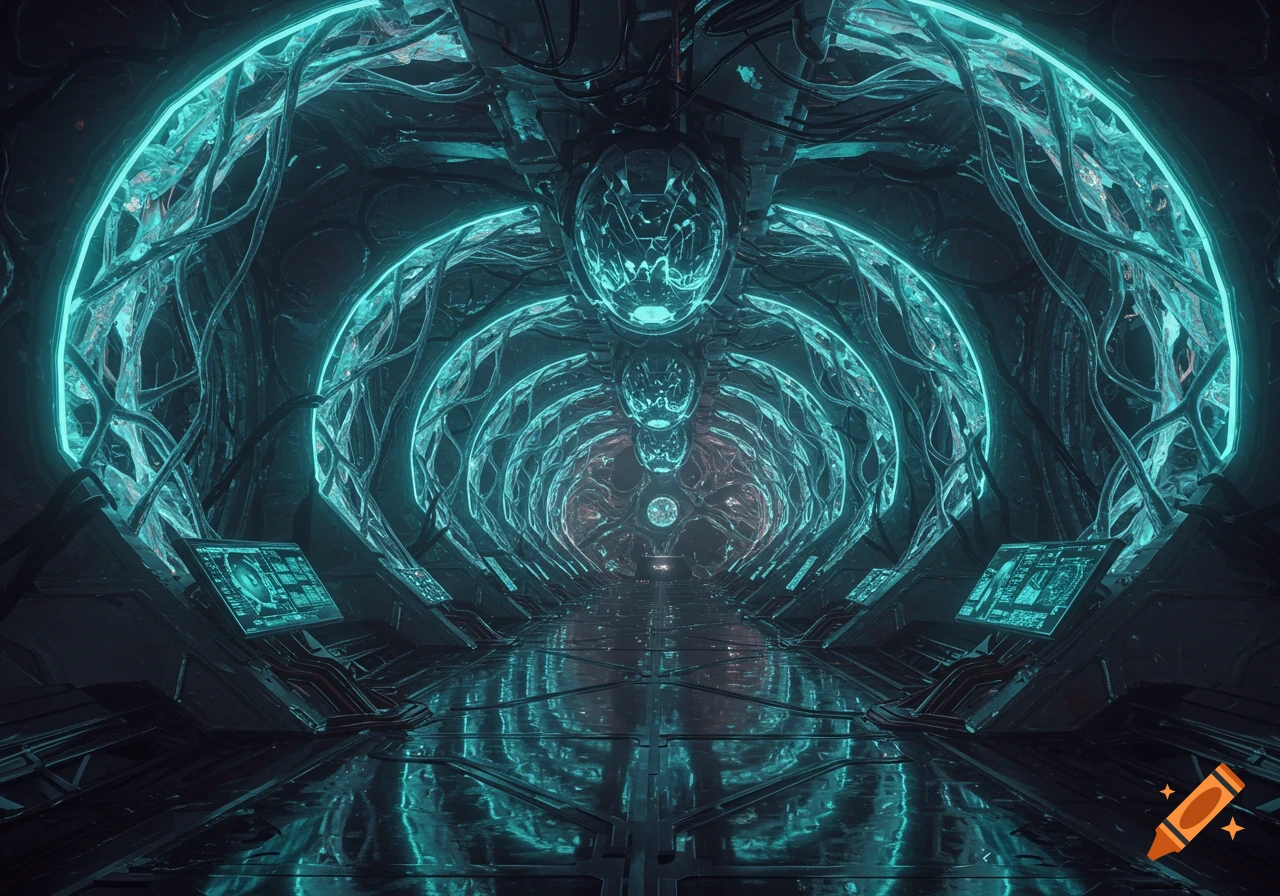 A dark, glowing blue, futuristic alien mothership interior with a long tunnel and intricate organic-like structures.