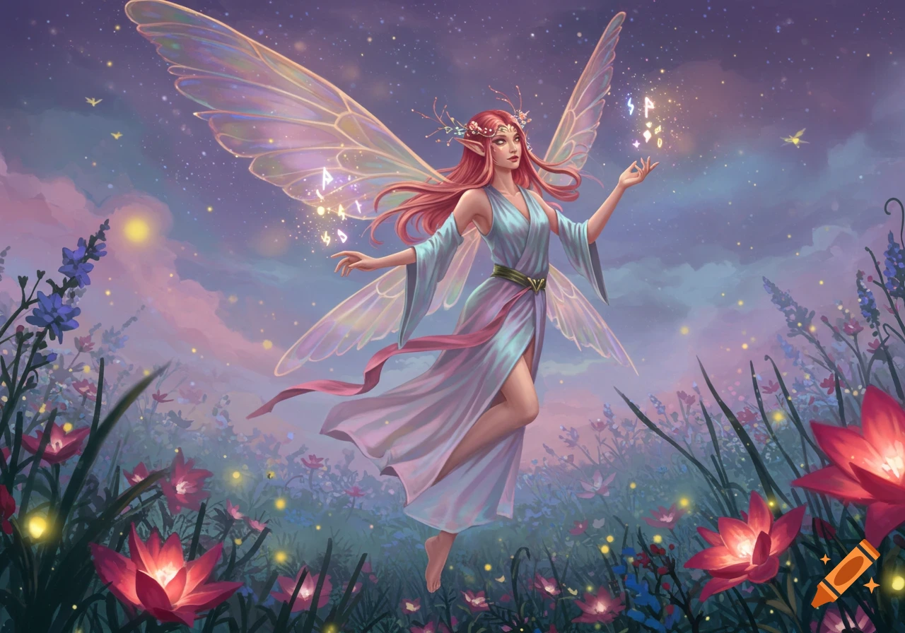 A vibrant fantasy illustration of a red-haired fairy with glowing wings, hovering in a starry field of colorful flowers.