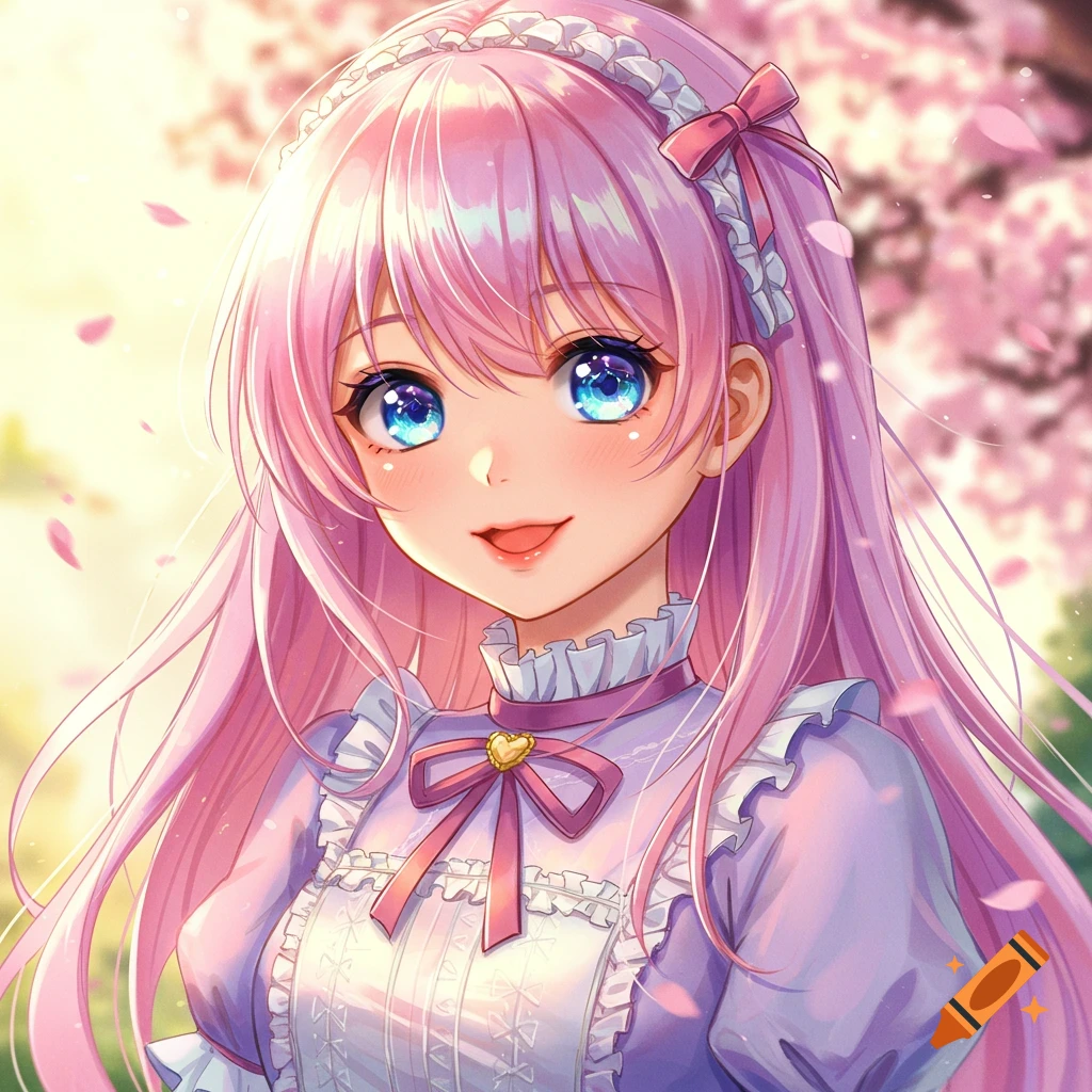 A smiling anime girl with long pink hair and sparkling blue eyes, wearing a light purple dress, stands among falling cherry blossoms.