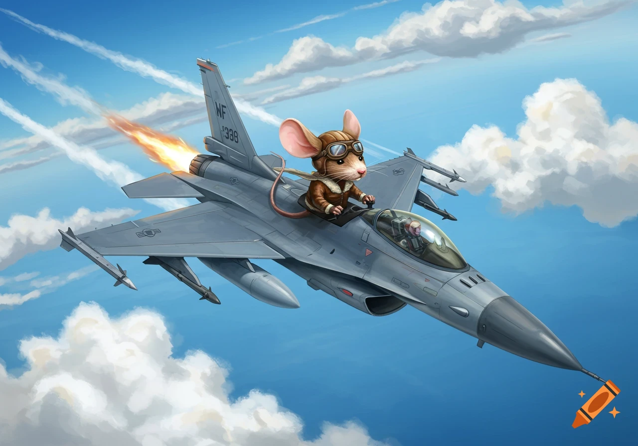 A cartoon mouse in a pilot's outfit flies an F-16 fighter jet through a cloudy blue sky.