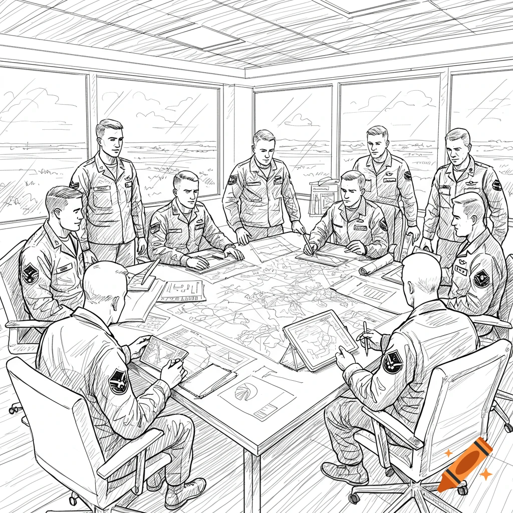 Line drawing of a group of airmen in uniform gathered around a table with maps and documents in a meeting room.