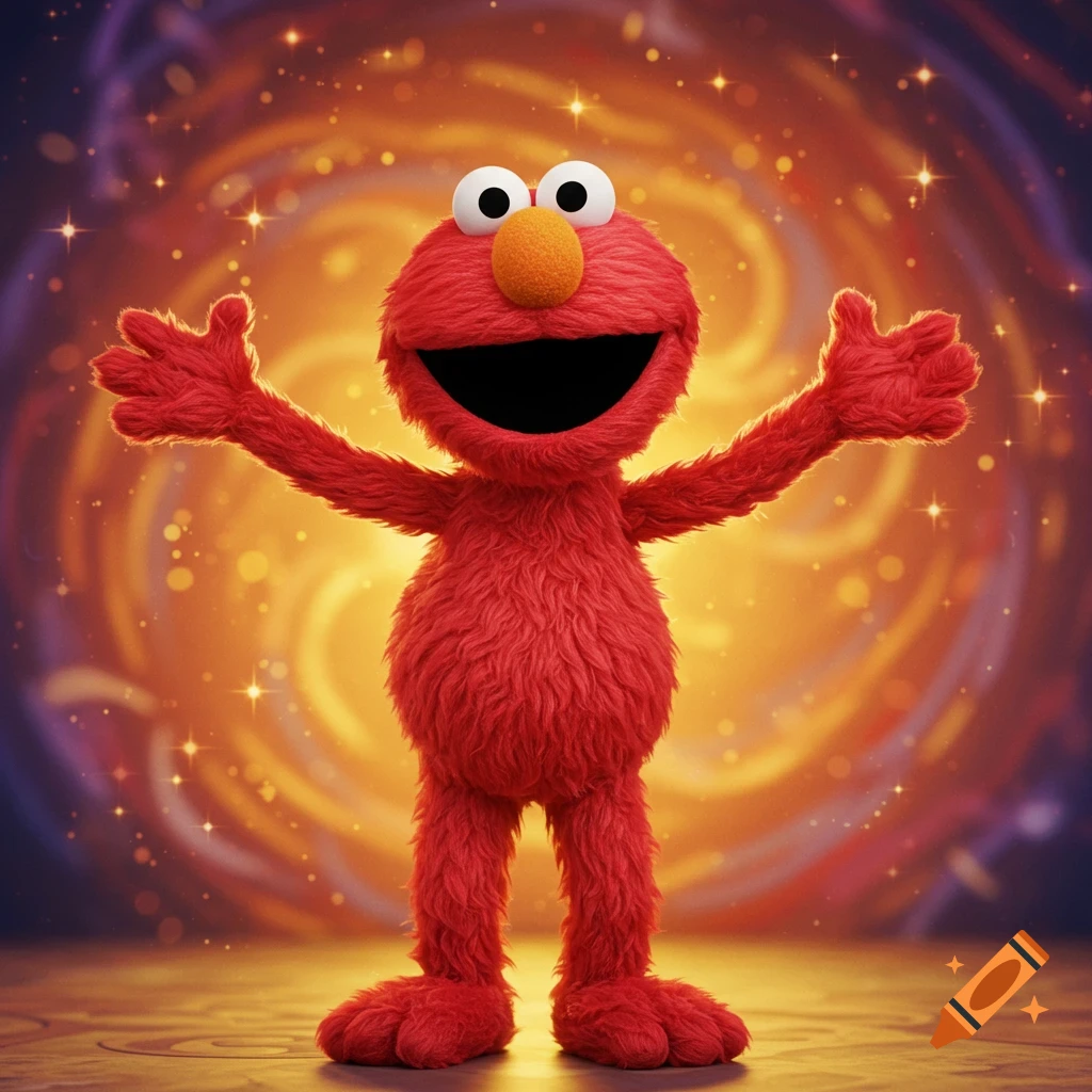 Elmo, the red furry character, stands with arms outstretched and a wide smile, against a vibrant, swirling, sparkling background.