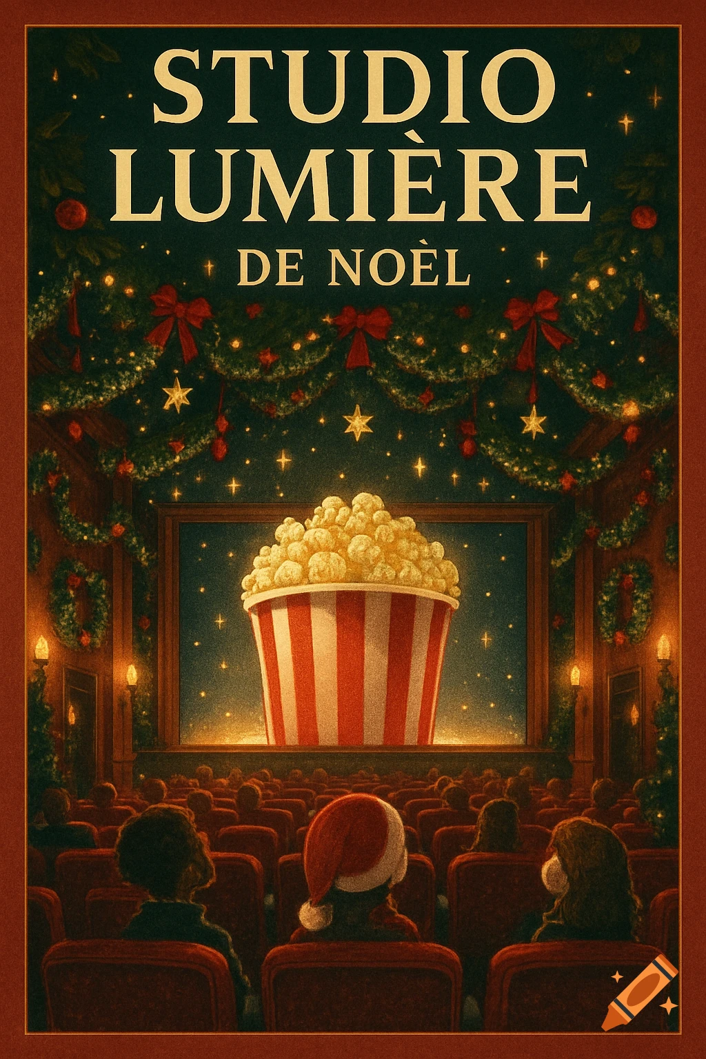 Vintage-style Christmas cinema poster with text "Studio Lumi re de No tl" showing a decorated hall, giant popcorn, and audience.