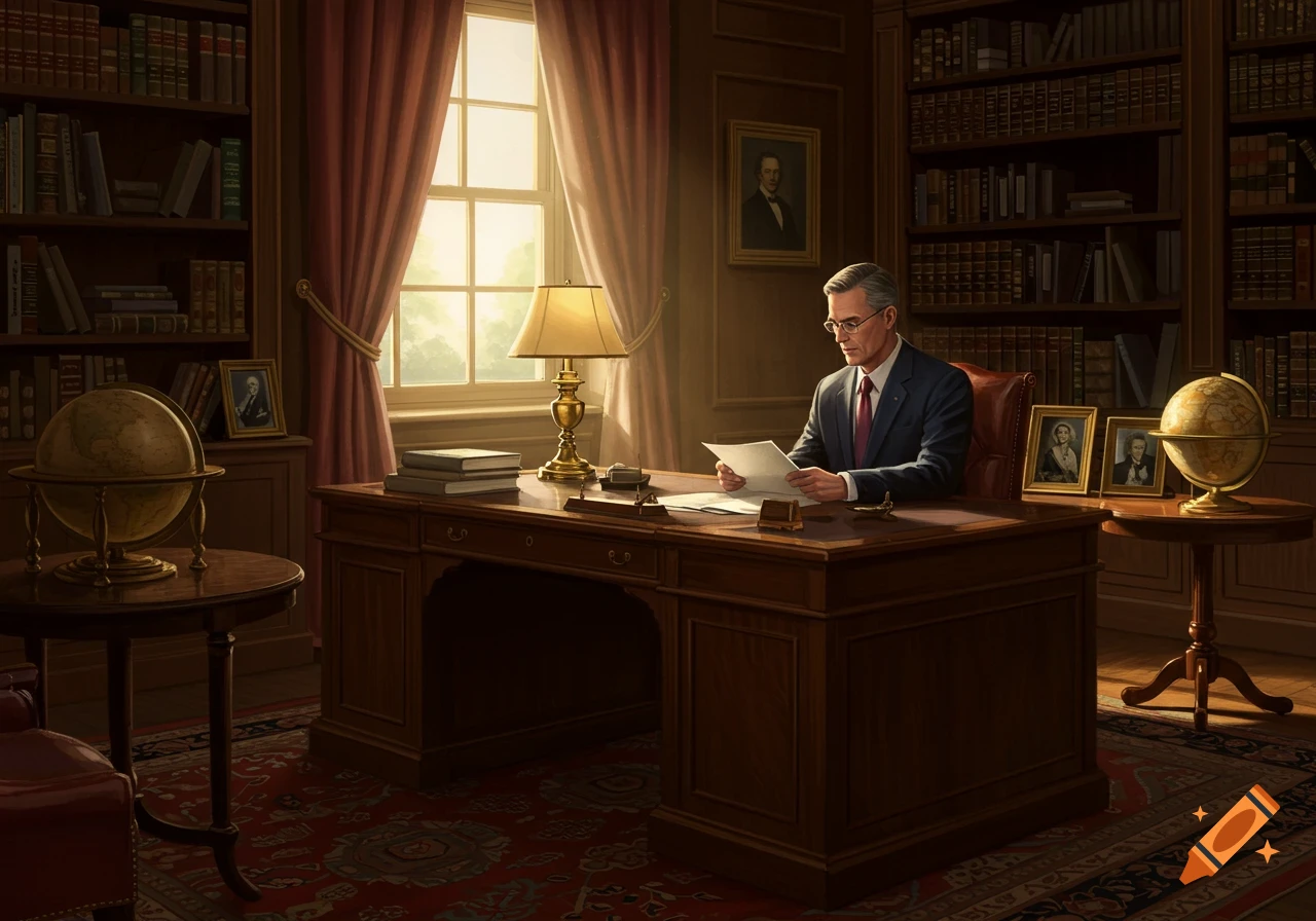 A distinguished man in a suit and glasses reads papers at a large wooden desk in a grand study with bookshelves, globes, and a bright window.