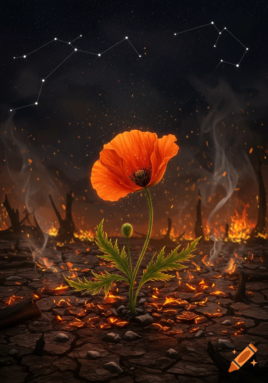 A vibrant red poppy with a bud and green leaves grows from cracked, burning earth, surrounded by fire and smoke under a dark, starry night sky with constellations.
