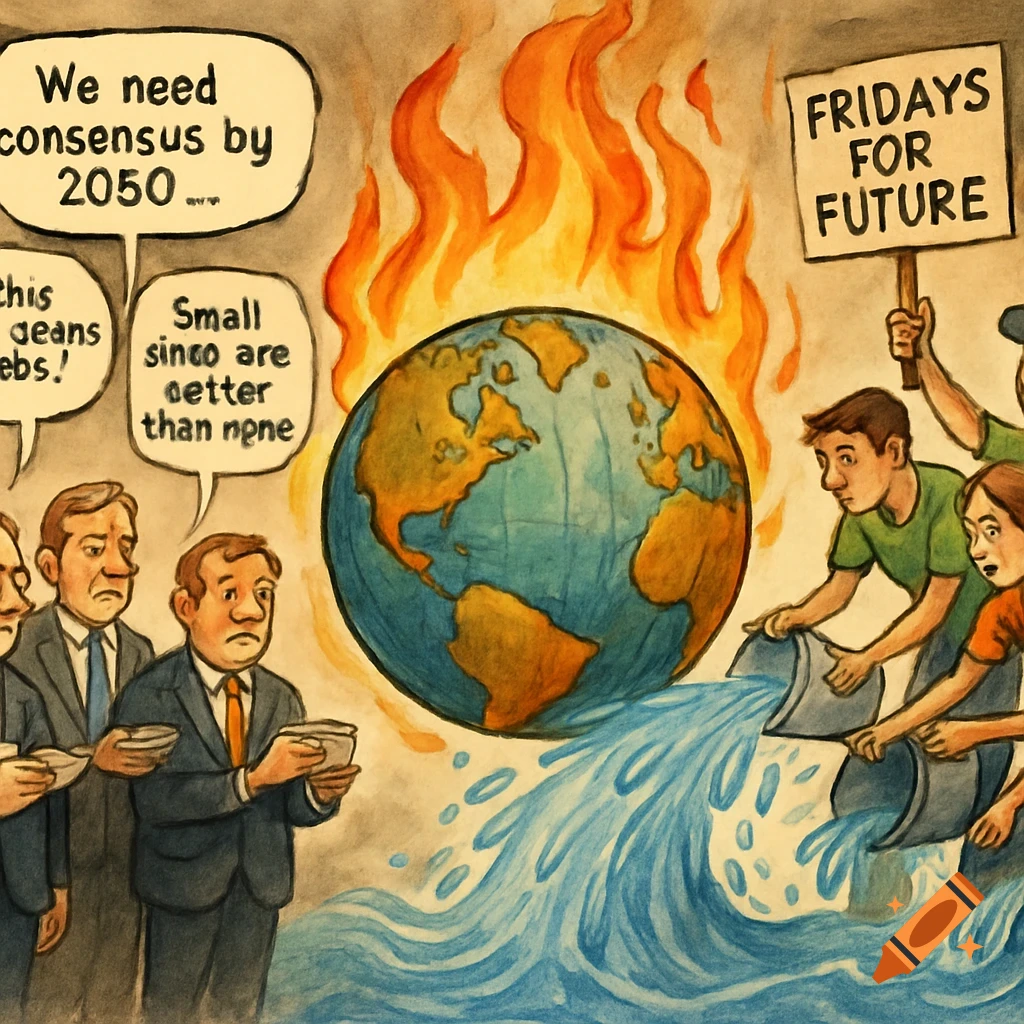 A political cartoon in watercolor style showing a burning Earth. On the left, politicians with small cups look on. On the right, "Fridays for Future" activists pour water from large buckets onto the flames.