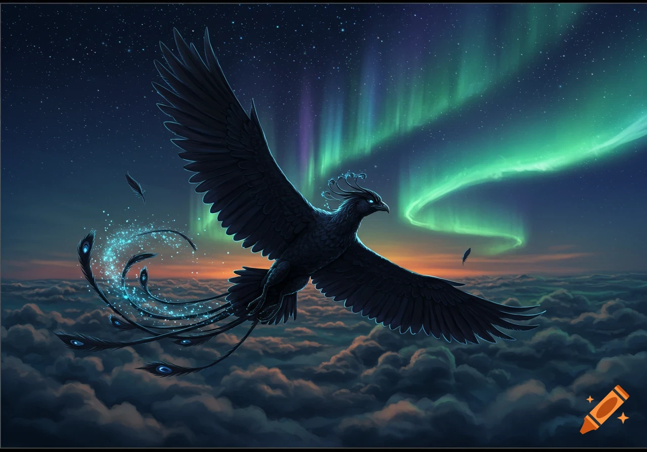 A dark phoenix with glowing blue eyes and tail feathers soars above clouds under a starry night sky illuminated by green and purple aurora.
