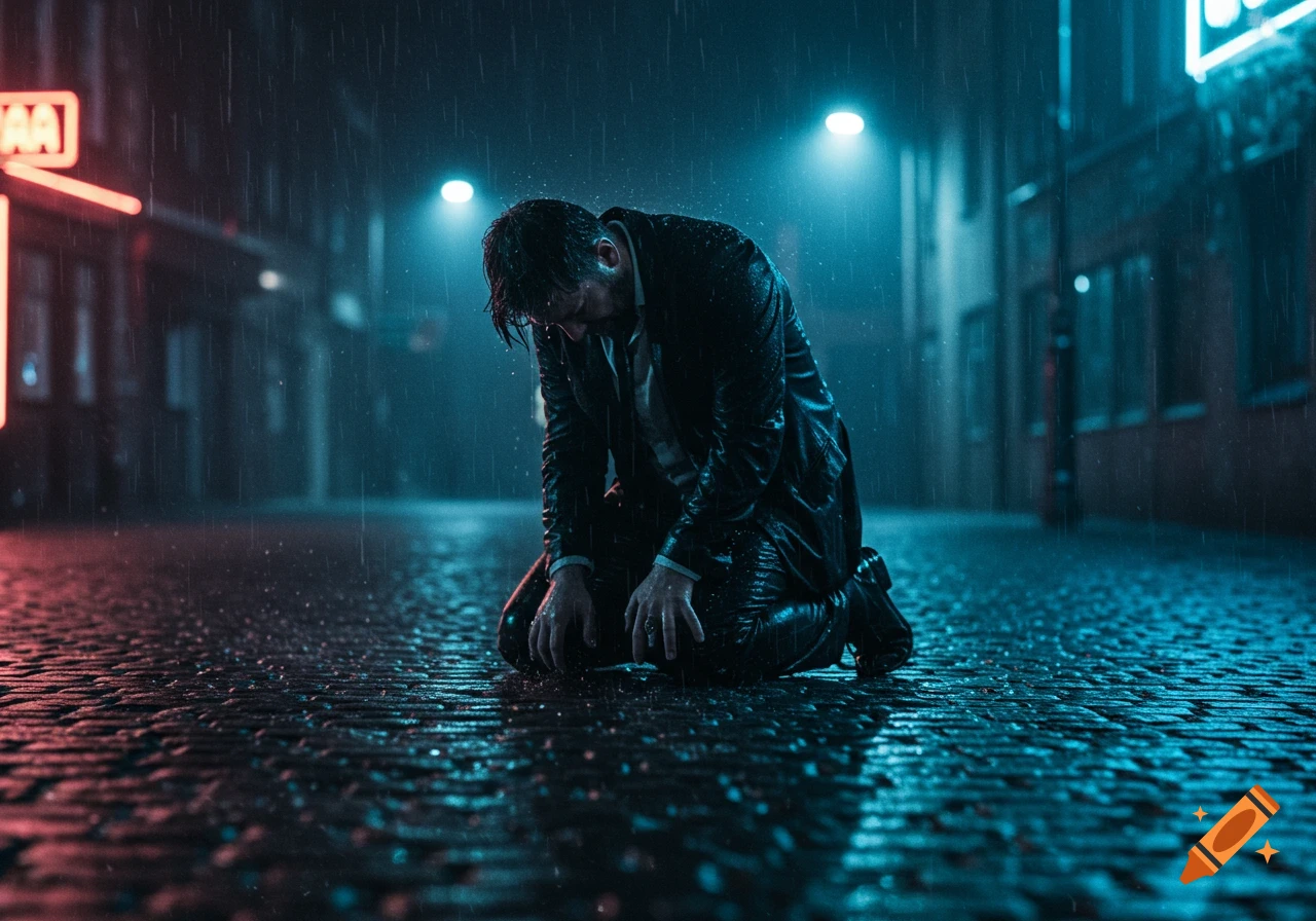 A distraught man kneels on a wet, cobblestone street in the rain at night, illuminated by red and blue neon lights.