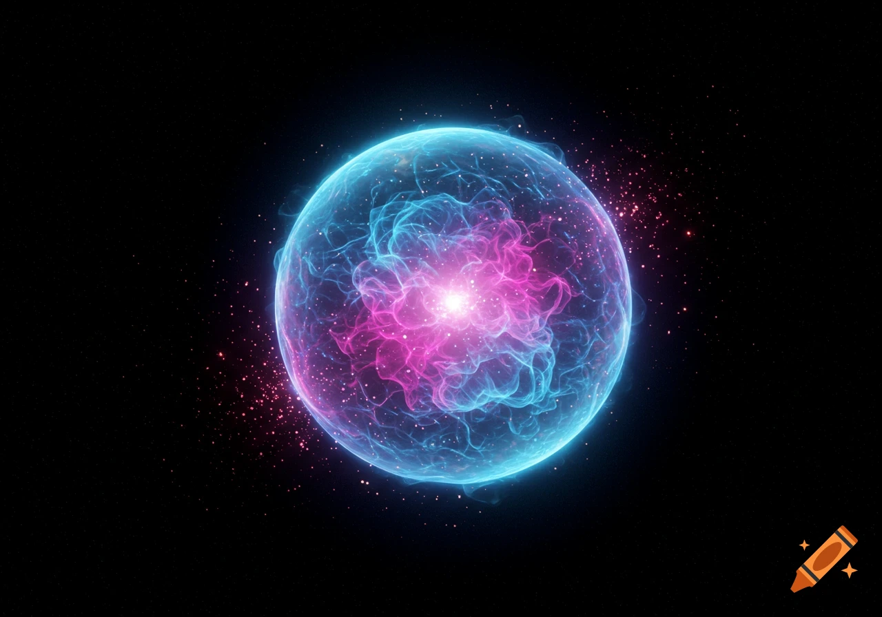 Vibrant blue and pink glowing energy sphere in deep space with scattered stars.