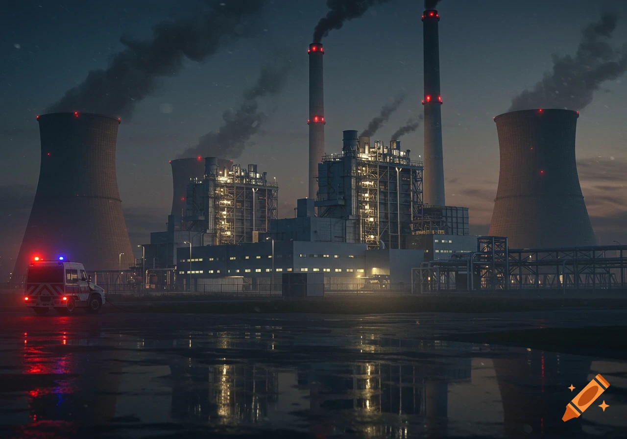 Photorealistic image of a power plant at dusk with smoking chimneys, cooling towers, and an emergency vehicle with flashing lights reflected on wet ground.