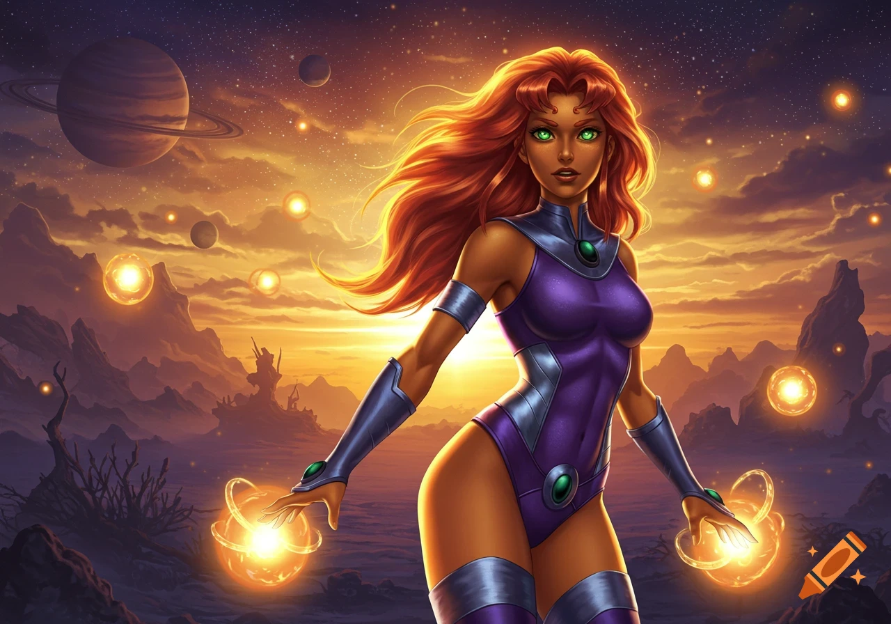 Starfire in her purple and silver costume stands in a cosmic landscape with planets and glowing energy orbs, her red hair flowing.