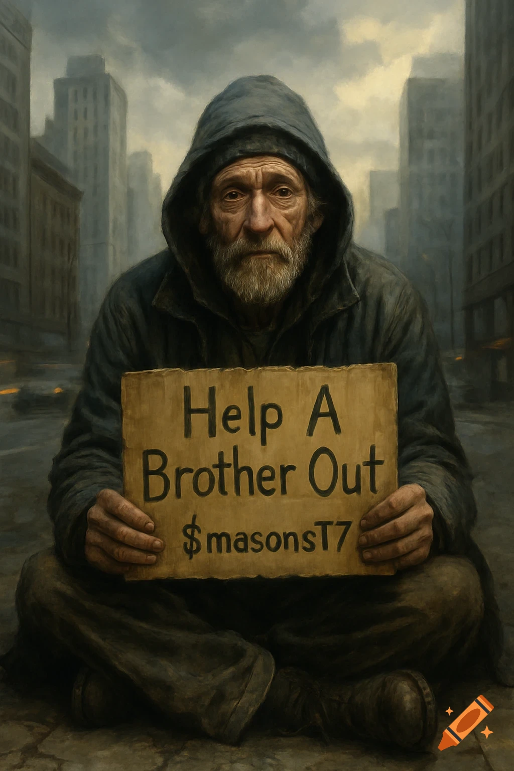 A somber, bearded homeless man in a hooded coat sits on a city street, holding a cardboard sign that reads "Help A Brother Out $masonsT7".